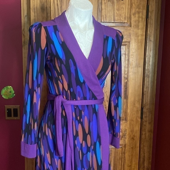 VTG DANIELA CORTE faux wrap dress jersey purple kaleidoscope mod psychedelic S - Picture 7 of 9